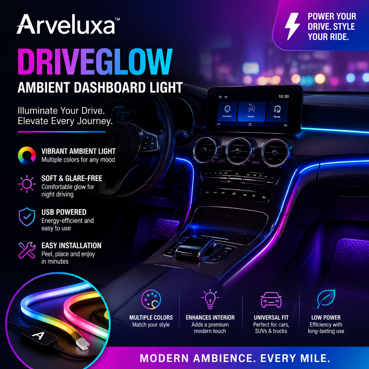 Arveluxa™ DriveGlow Ambient Dashboard Light