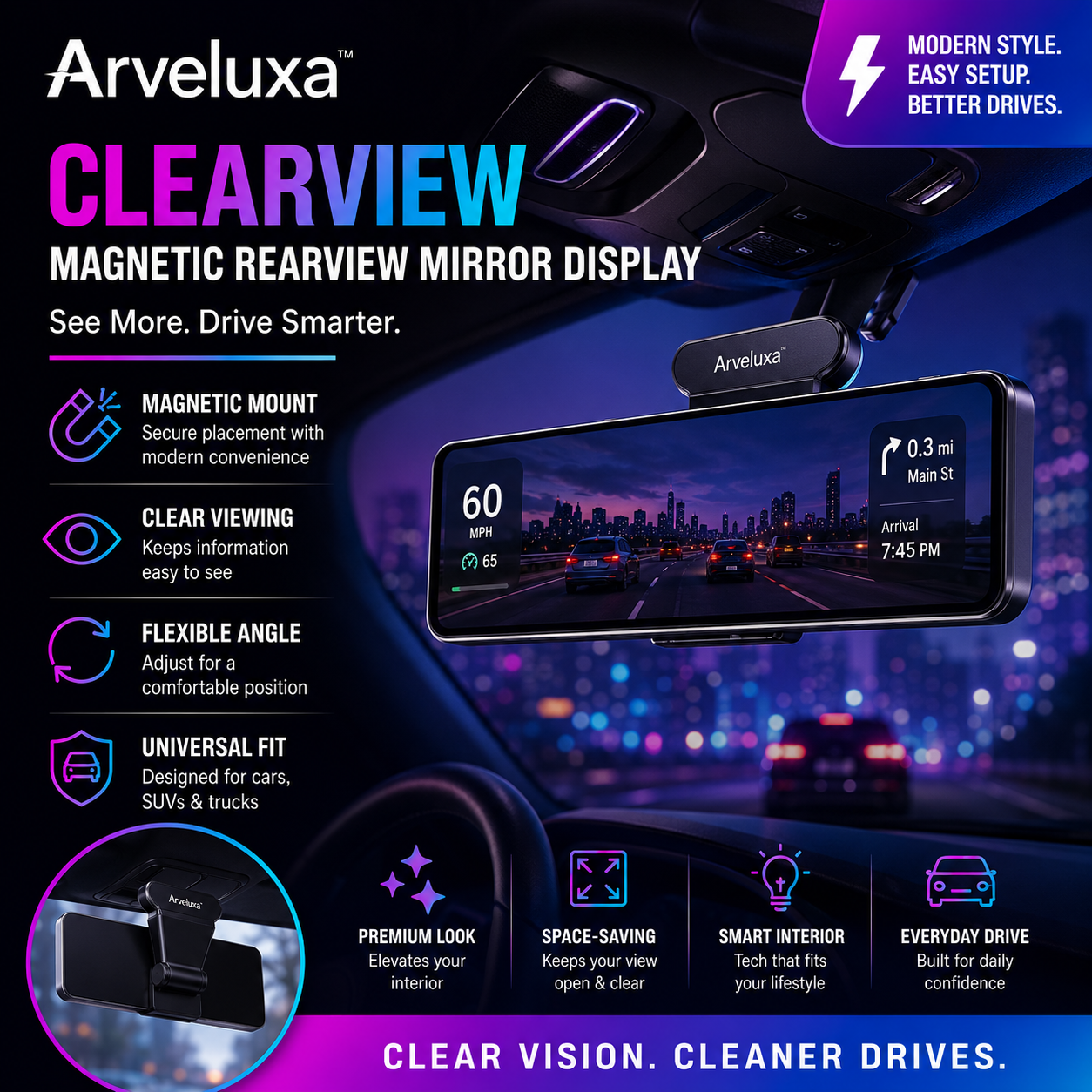 Arveluxa™ ClearView Magnetic Rearview Mirror Display